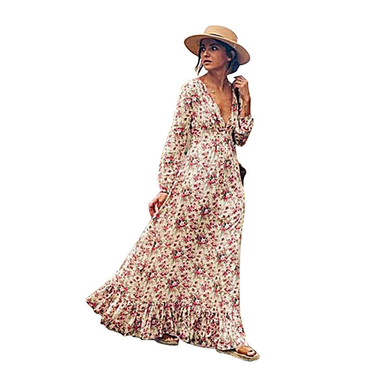 Bohemian Rayon Printed Ruffled Deep V-neck Swing Long Dresses