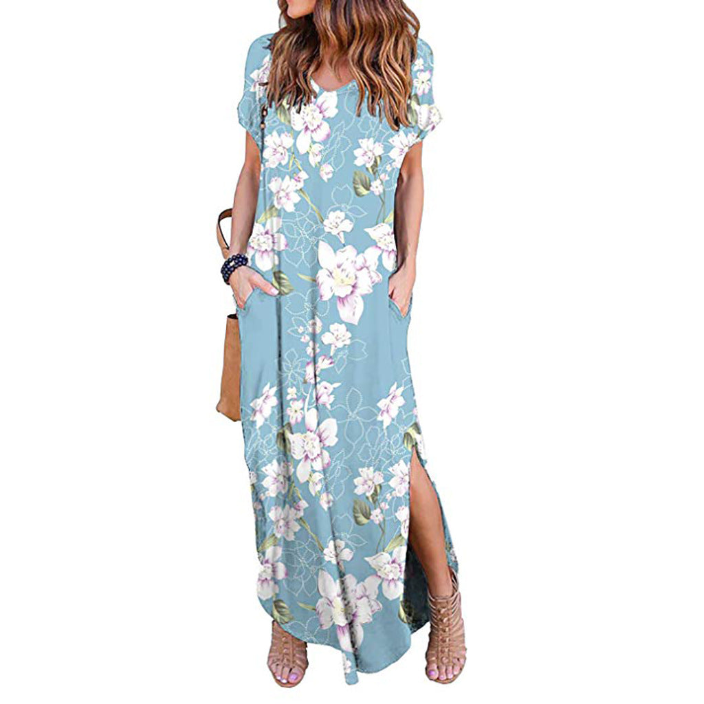 Women's Spring Printed Sleeve V-neck Knitted Long Dress Casual Dresses