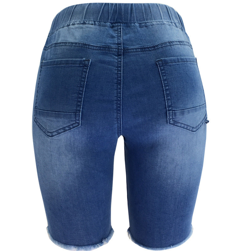 Frühlings-zerrissene elastische blaue mittellange Hose mit mittlerer Taille