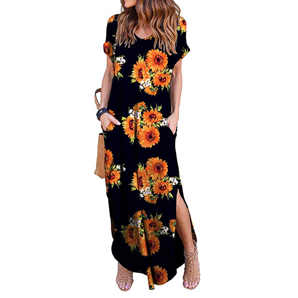 Women's Spring Printed Sleeve V-neck Knitted Long Dress Casual Dresses