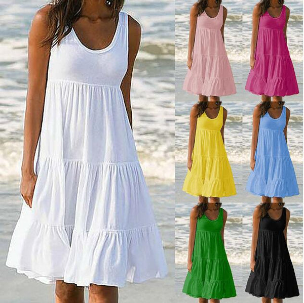 Women's Sleeveless Round Neck Stitching Big Swing Beach Dresses