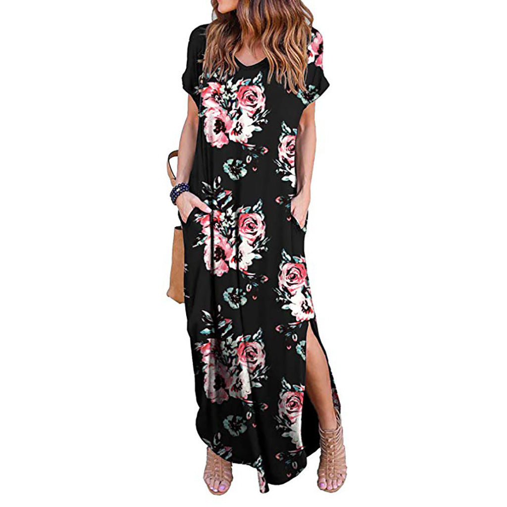 Women's Spring Printed Sleeve V-neck Knitted Long Dress Casual Dresses