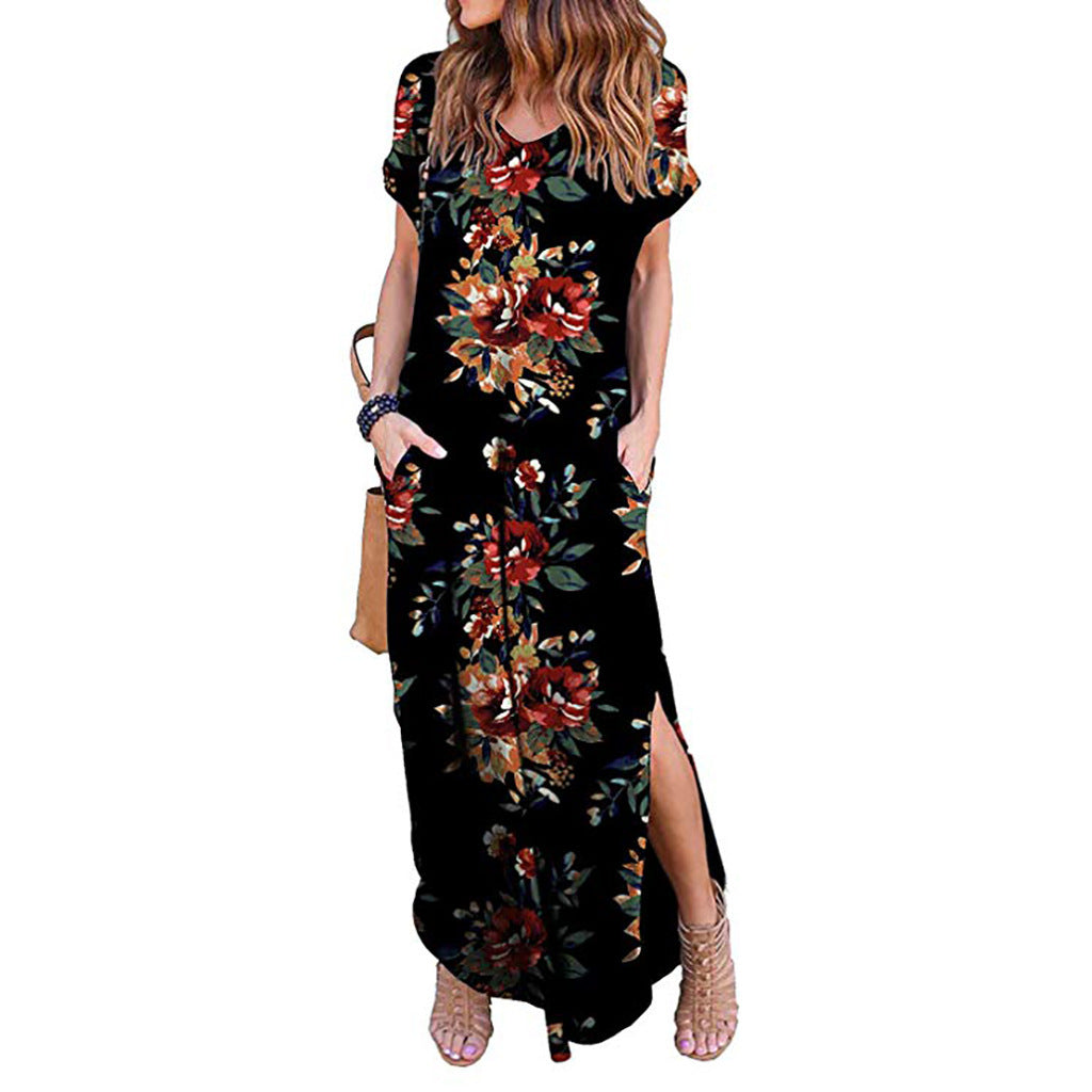 Women's Spring Printed Sleeve V-neck Knitted Long Dress Casual Dresses