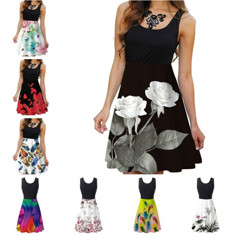 Women's Summer Digital Print Sleeveless Round Neck Dresses