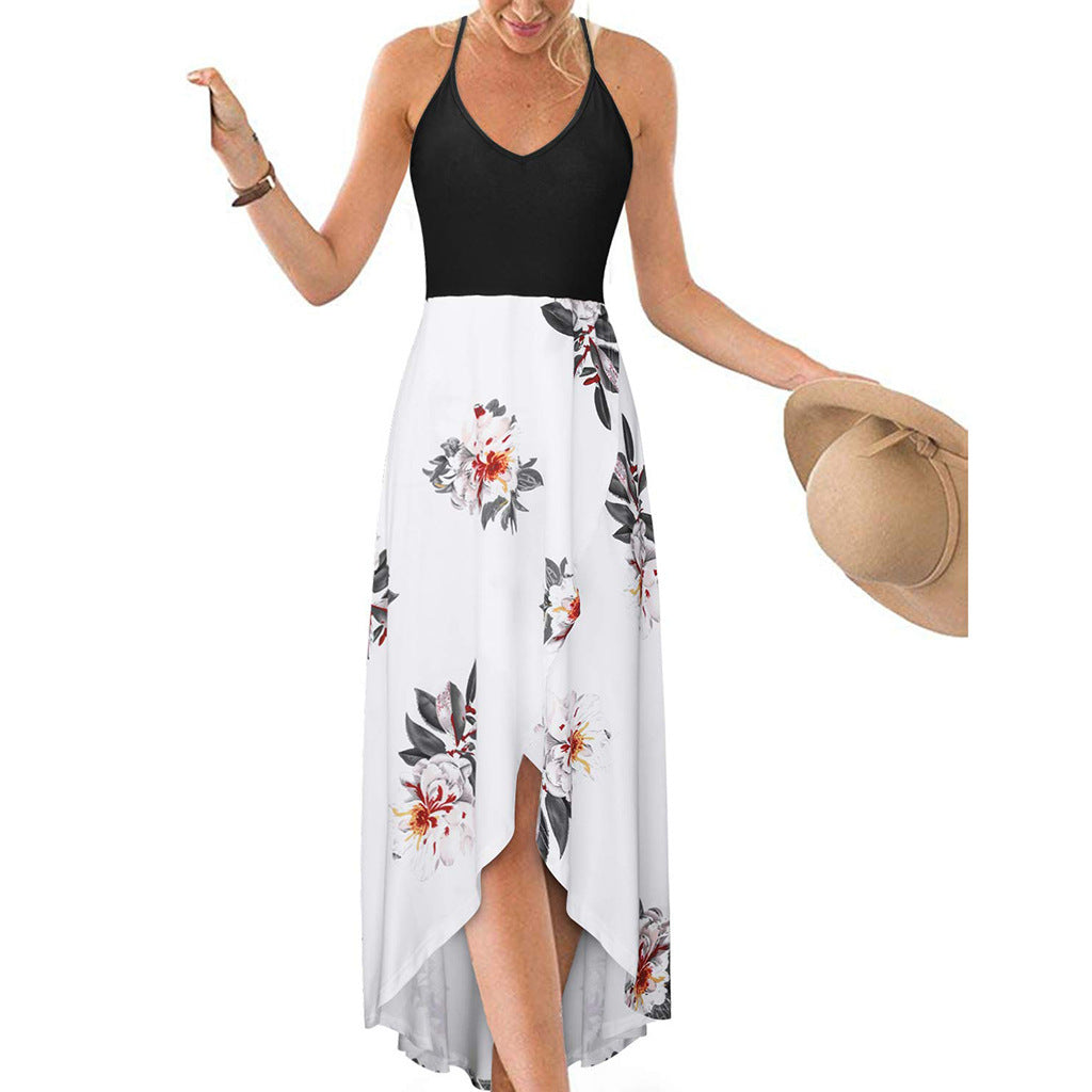 Women's Summer V-neck Sleeveless Strap Backless Color Printed Dresses