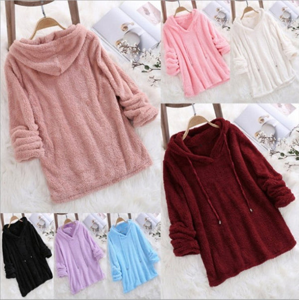 Women's Color Long Sleeve Hooded Plush Fleece Pajamas Sweaters