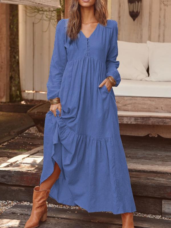 Women's Linen Retro Casual Long-sleeved Large Swing Dresses