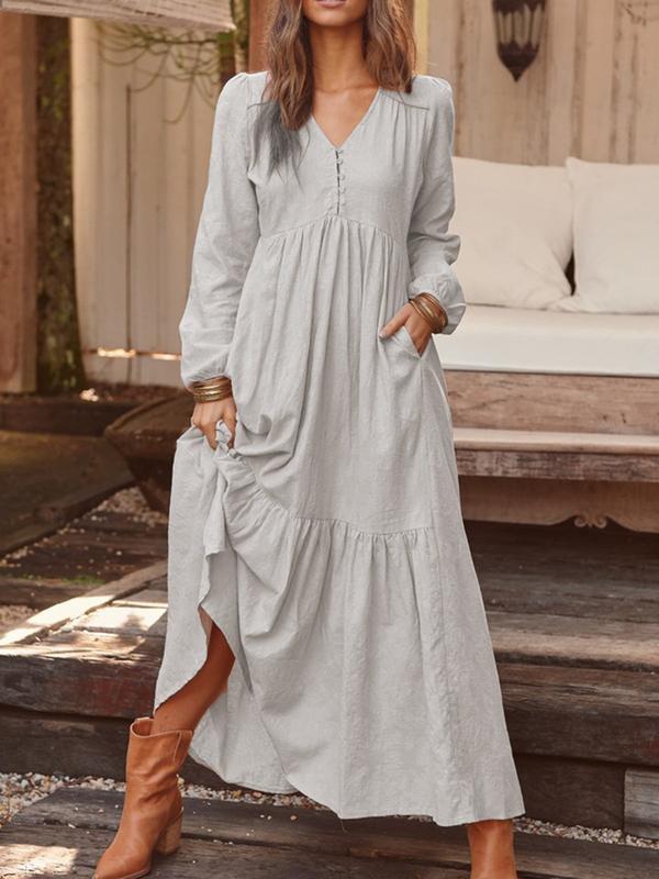 Women's Linen Retro Casual Long-sleeved Large Swing Dresses