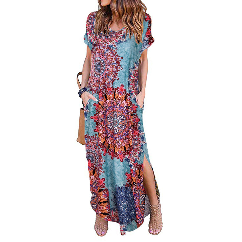 Women's Spring Printed Sleeve V-neck Knitted Long Dress Casual Dresses