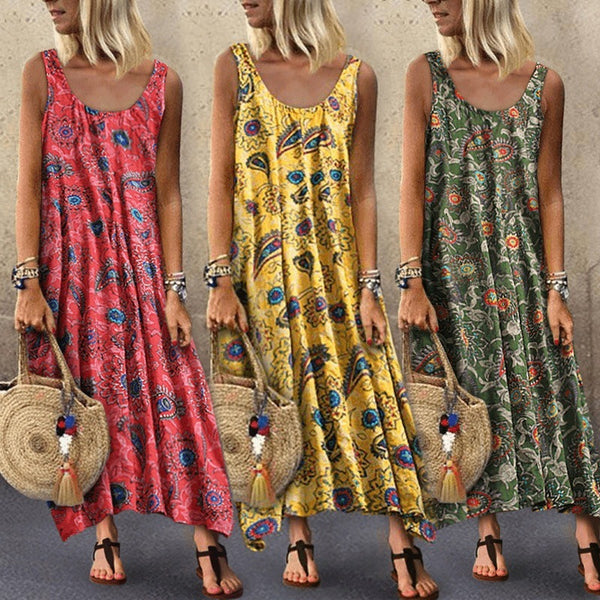 Women's Holiday Floral Print Round Neck Sleeveless Dresses