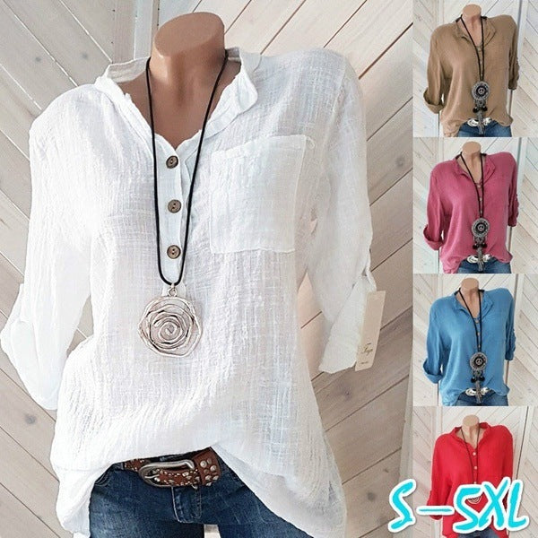 Women's Solid Color V-neck Pocket Multi-color Tops