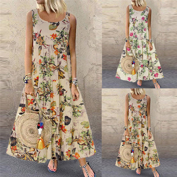 Women's Fashion Retro Sleeveless Round Neck Dress Dresses