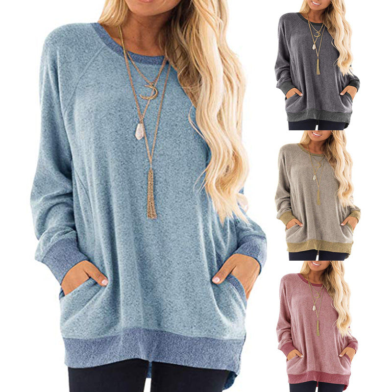 Women's Round Neck Color Pocket Long Sleeve Pullover Sweaters