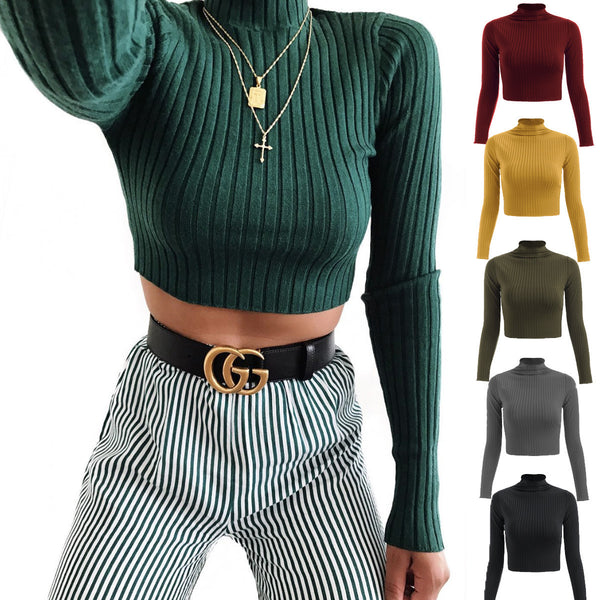 Women's Half Turtleneck Solid Color Long Sleeve Knitted Slim Fit Blouses