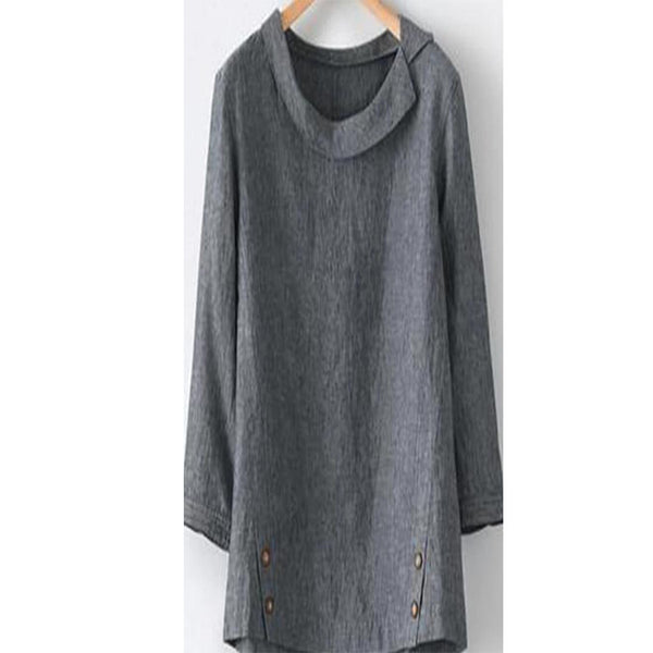 Women's Cotton Linen Large Long Sleeve Hem Button Solid Color Blouses