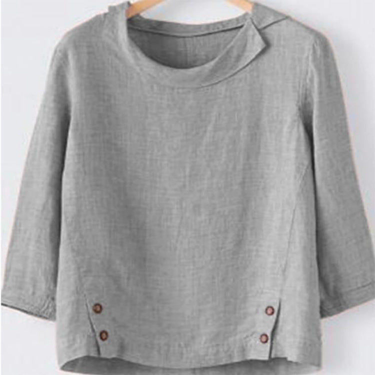 Women's Cotton Linen Large Long Sleeve Hem Button Solid Color Blouses