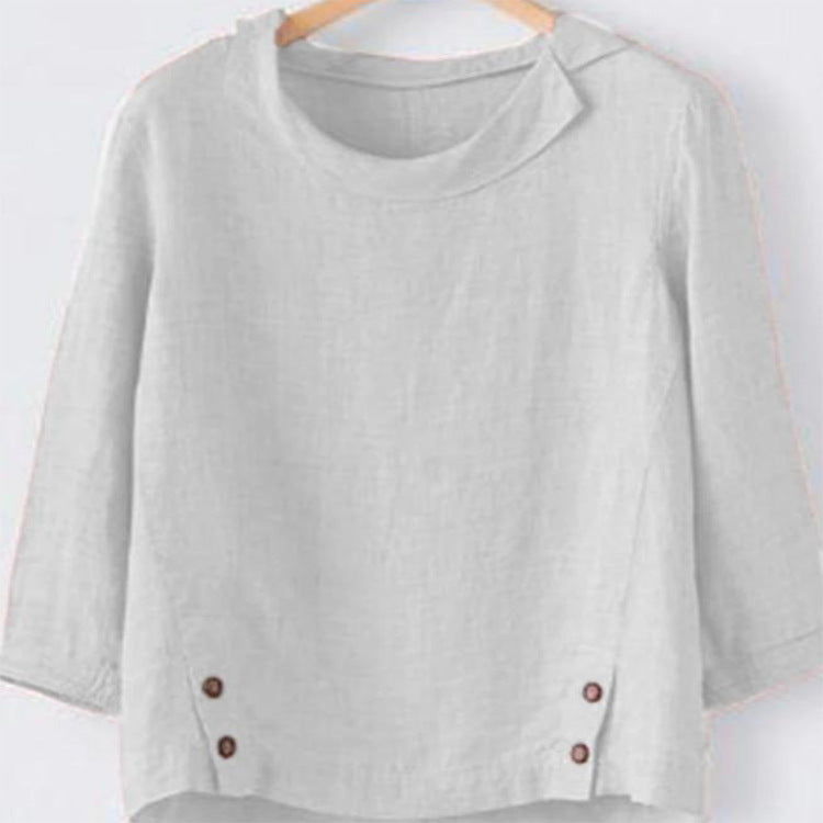 Women's Cotton Linen Large Long Sleeve Hem Button Solid Color Blouses