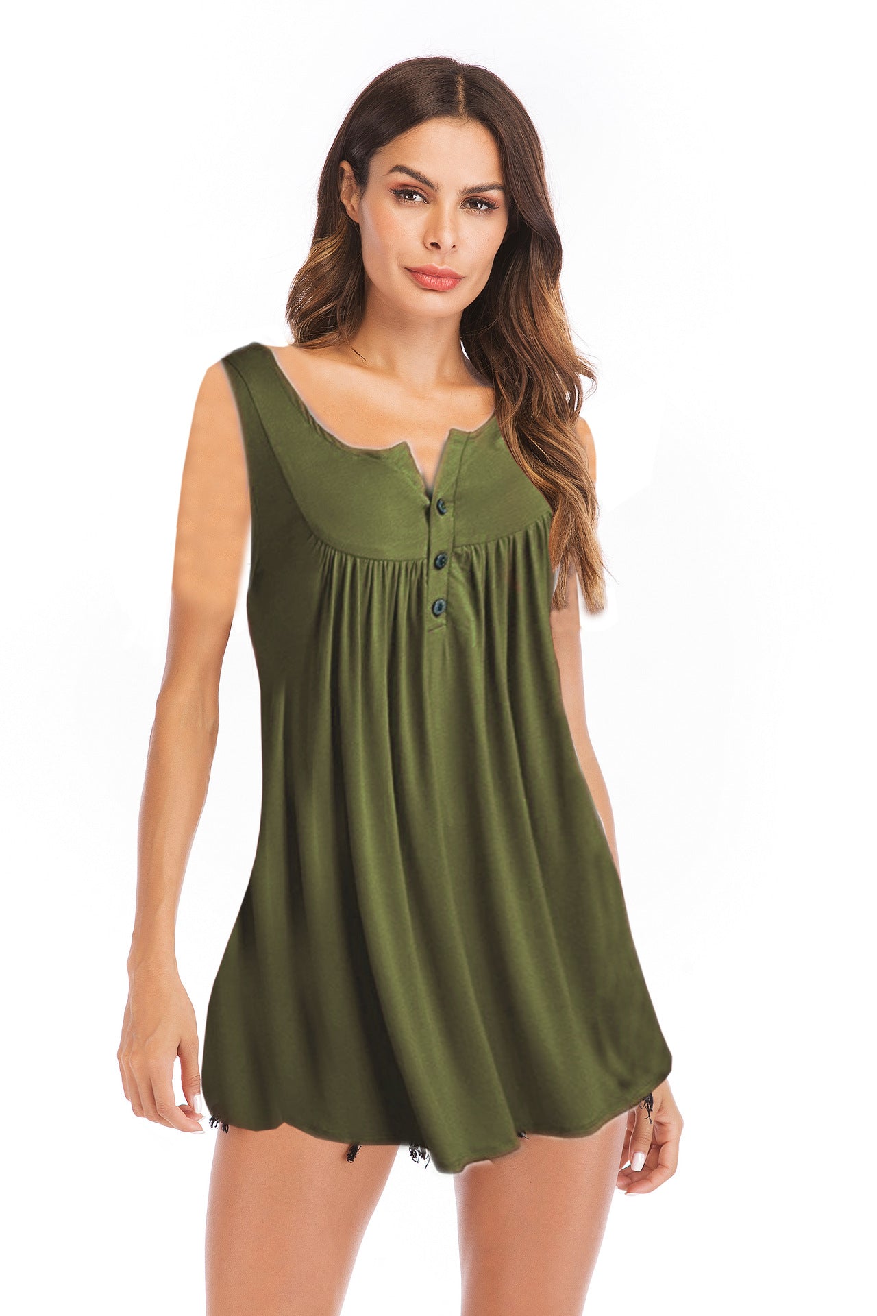 Summer V-neck Buttons Pleating T-shirt Solid Color Tops