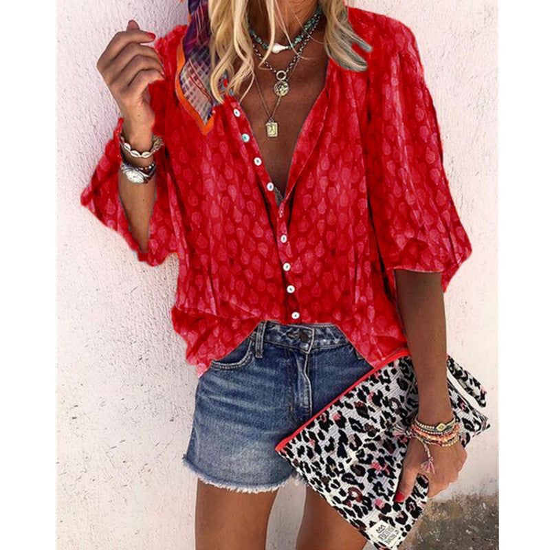 Women's Single-breasted Printed Long-sleeved Loose Lapels Shirt Blouses