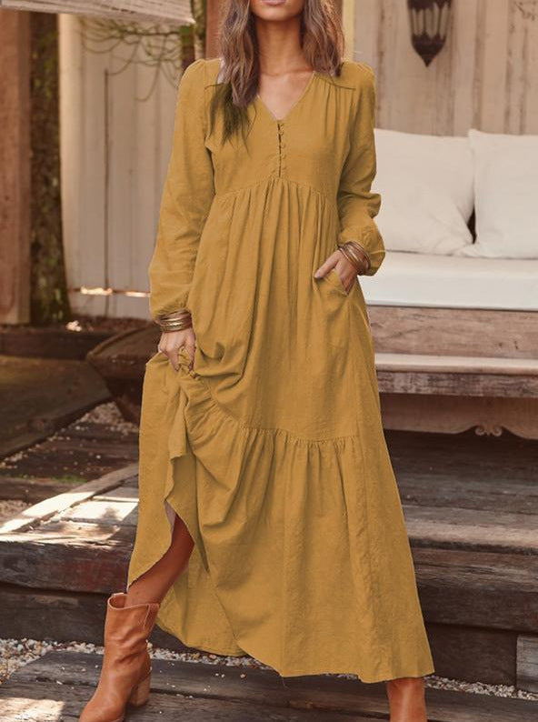 Women's Linen Retro Casual Long-sleeved Large Swing Dresses