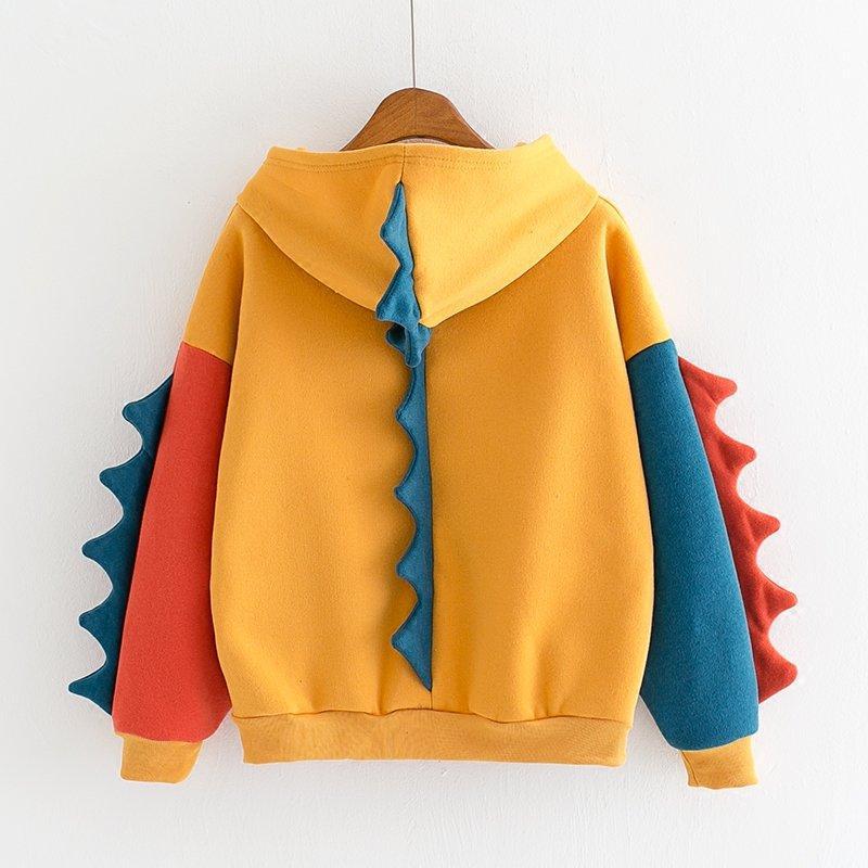 Irregular Dinosaur Contrast Color Hooded Long Sweaters