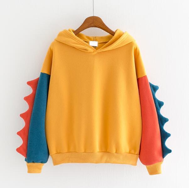 Irregular Dinosaur Contrast Color Hooded Long Sweaters