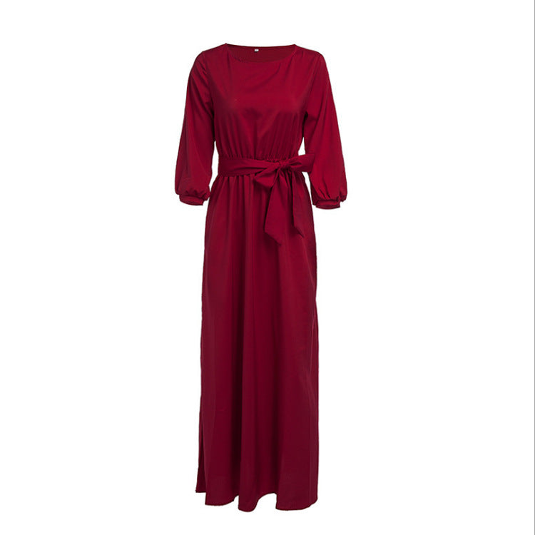 Autumn Long Sleeve Rayon Solid Color Round Neck Dresses