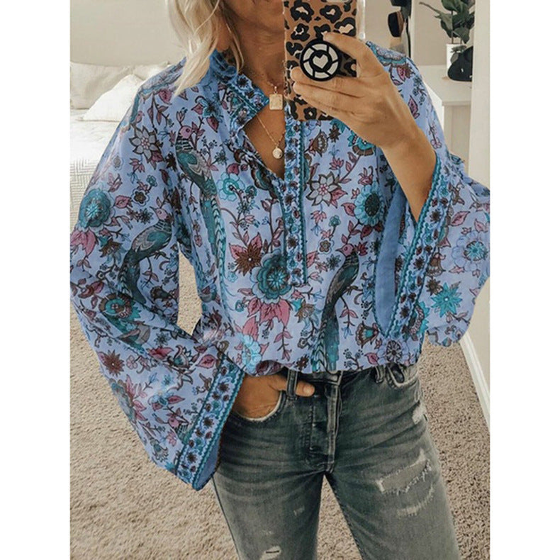 Peacock Printings Loose Button Long Sleeve Blouses
