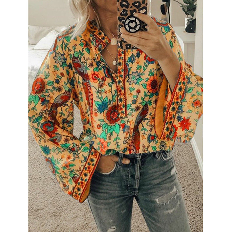 Peacock Printings Loose Button Long Sleeve Blouses