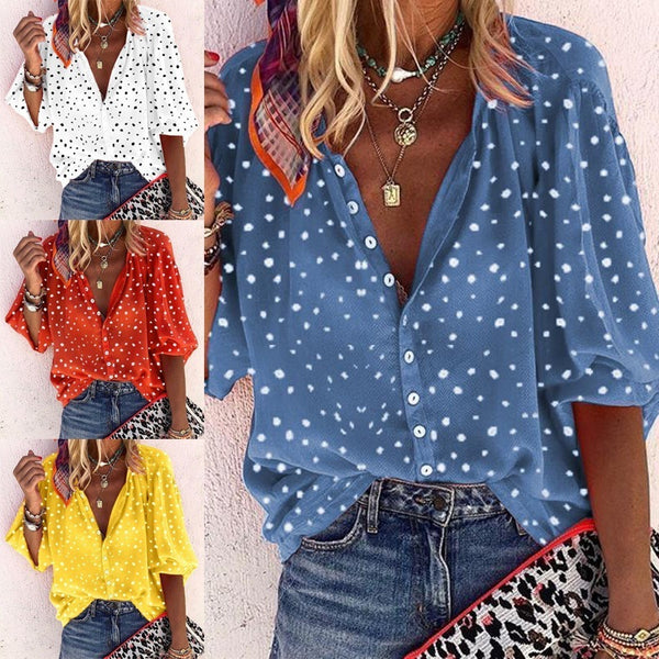 Women's Long-sleeved V-neck Buttons Snowflake Print Shirt Blouses