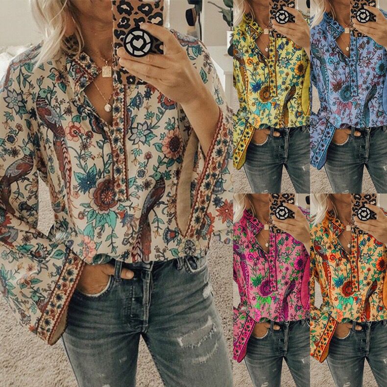 Peacock Printings Loose Button Long Sleeve Blouses