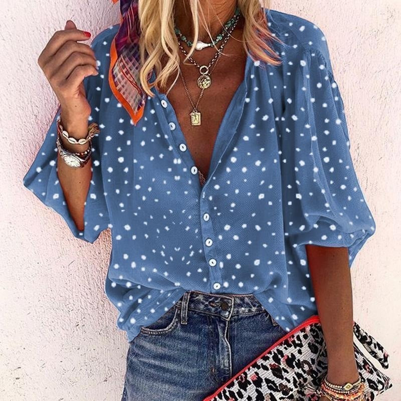 Women's Long-sleeved V-neck Buttons Snowflake Print Shirt Blouses