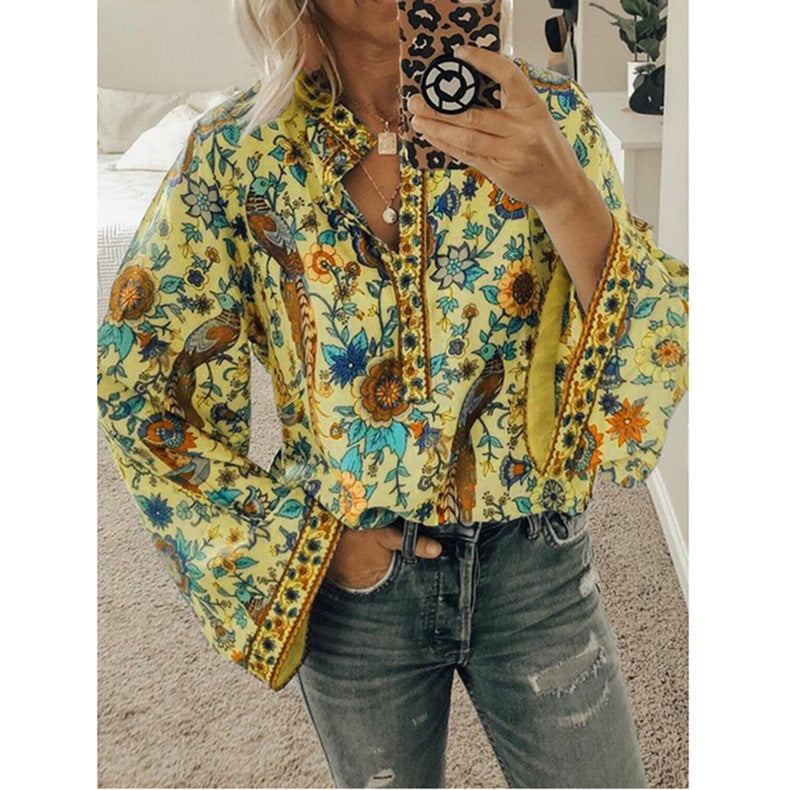 Peacock Printings Loose Button Long Sleeve Blouses