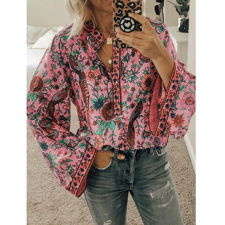Peacock Printings Loose Button Long Sleeve Blouses