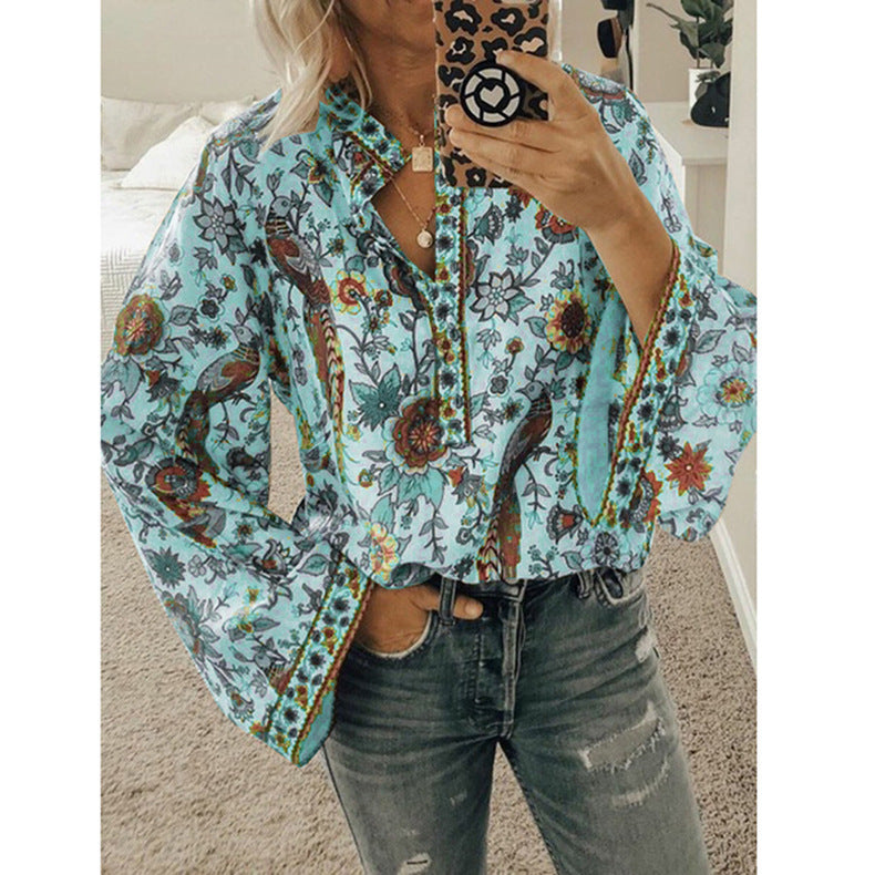 Peacock Printings Loose Button Long Sleeve Blouses