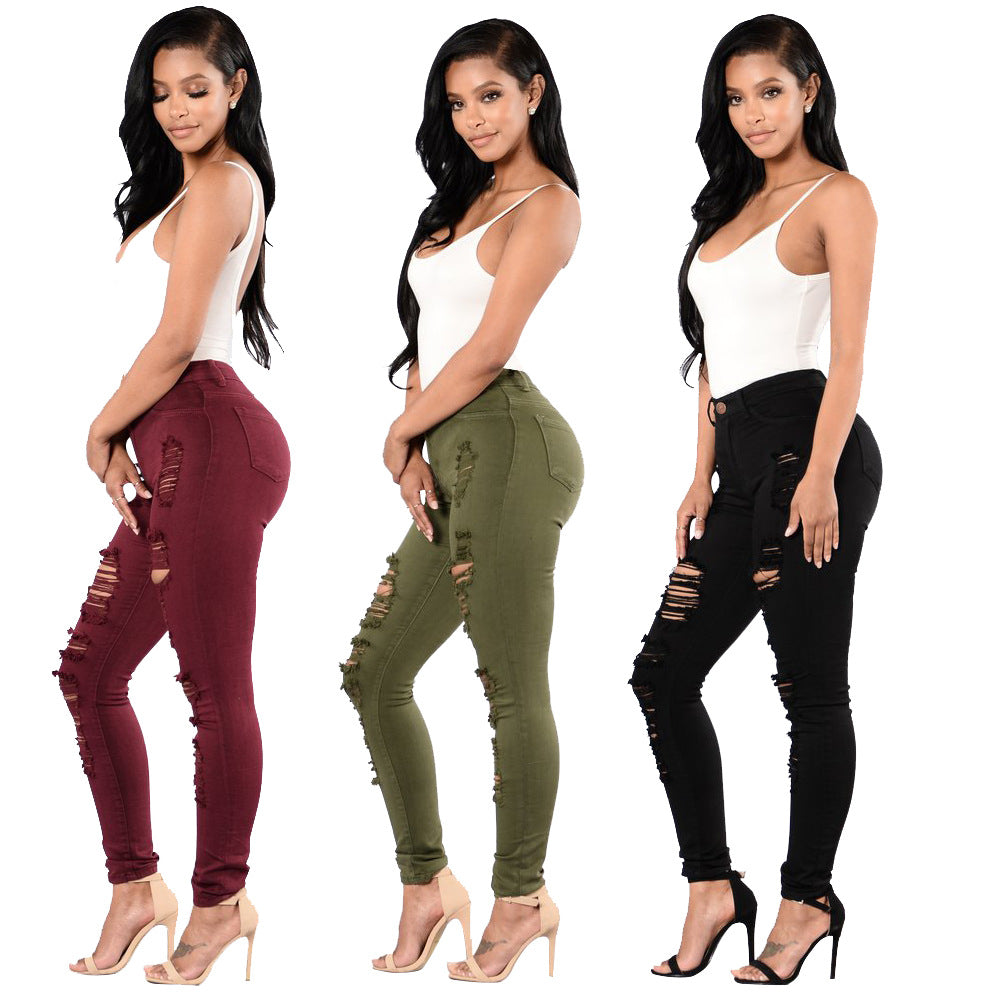 Women's Autumn Ripped Slim-fit Multi-color Skinny Trousers Jeans