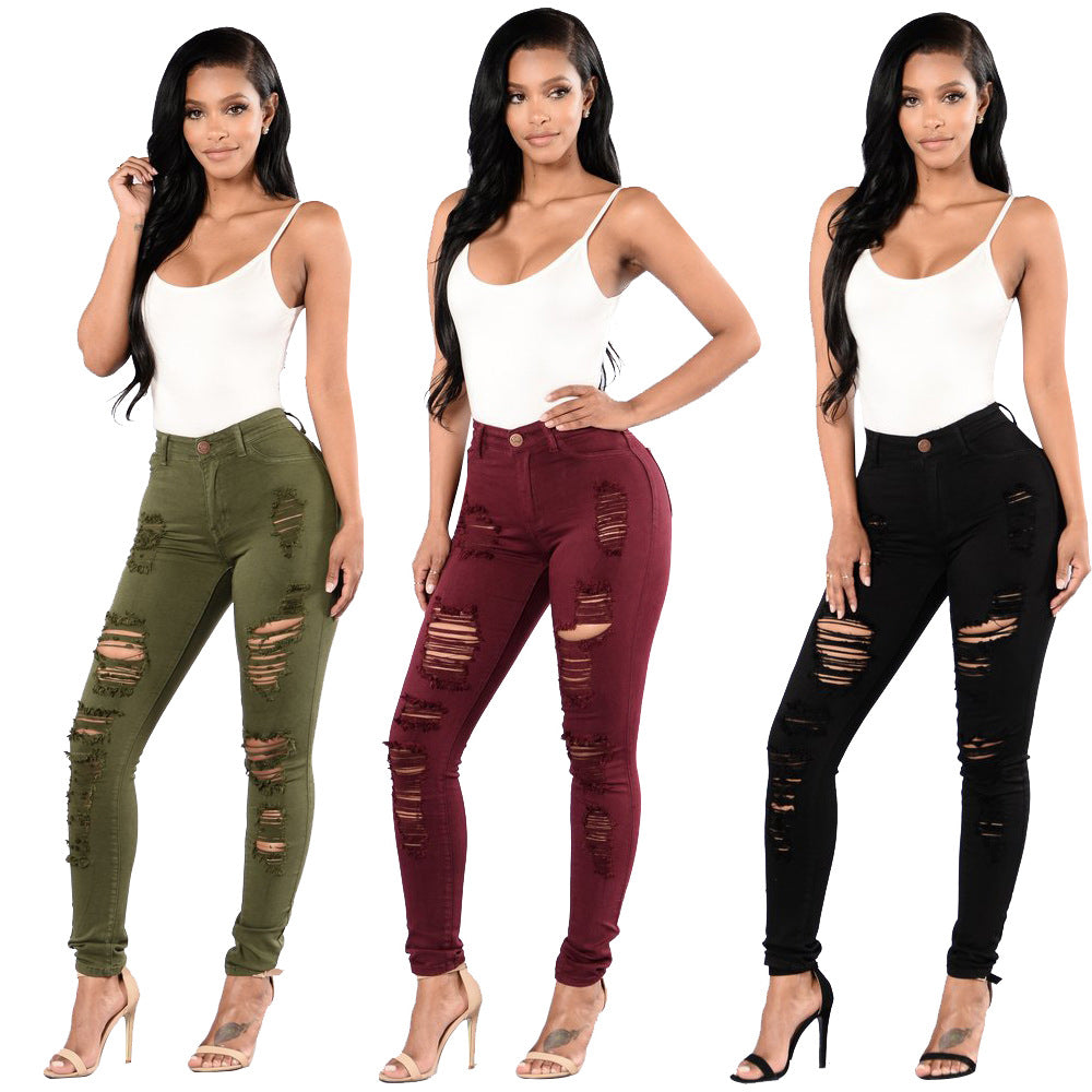 Women's Autumn Ripped Slim-fit Multi-color Skinny Trousers Jeans