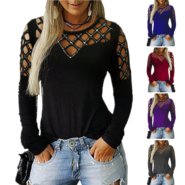 Women's Hollow-out Rhinestone Long-sleeved T-shirt Casual Blouses