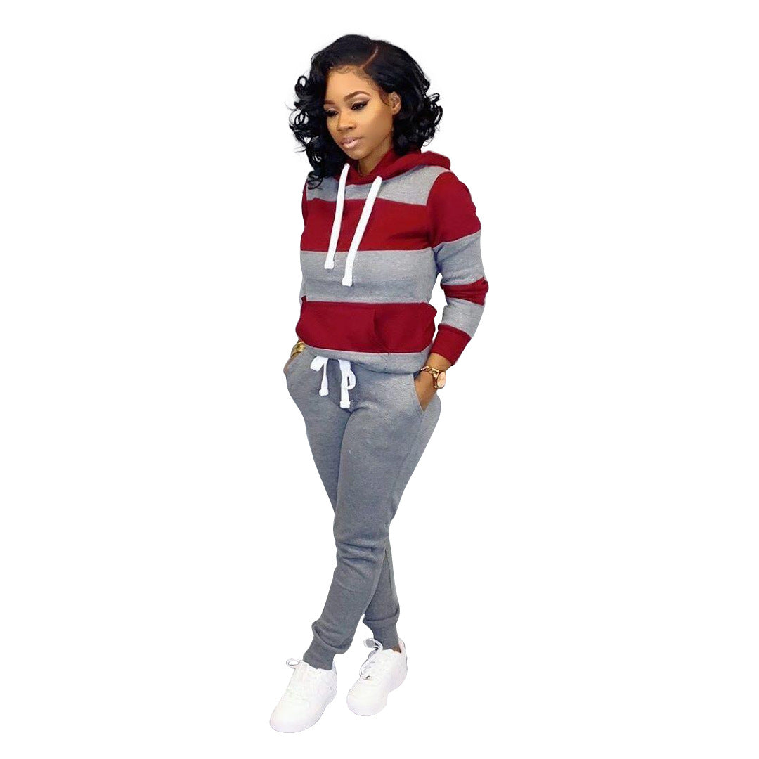 Women's Versatile Striped Patchwork Hoodie Trousers Suits