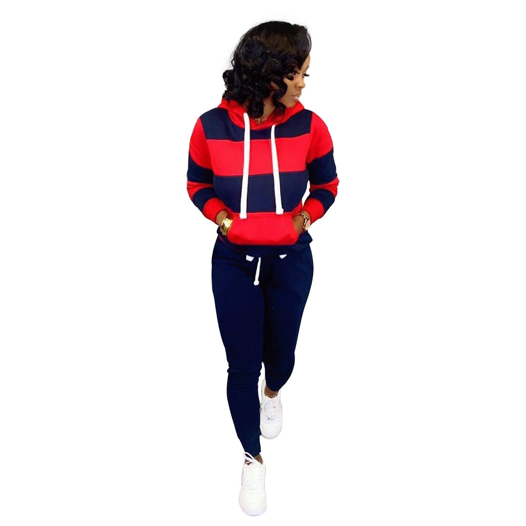 Women's Versatile Striped Patchwork Hoodie Trousers Suits