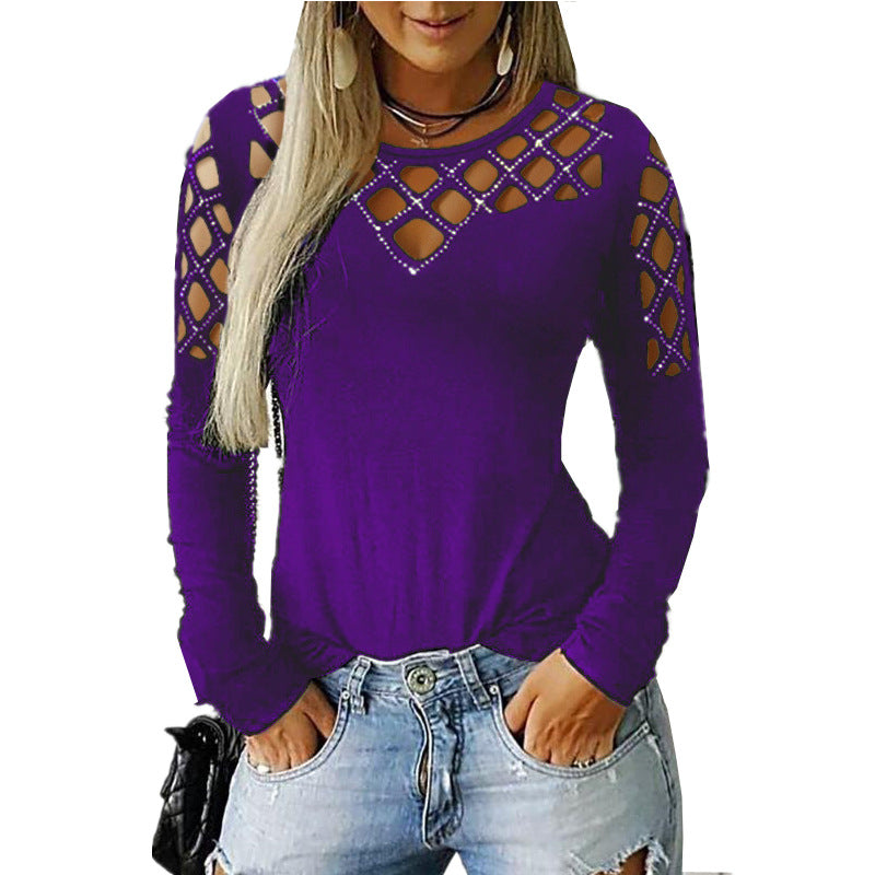 Women's Hollow-out Rhinestone Long-sleeved T-shirt Casual Blouses