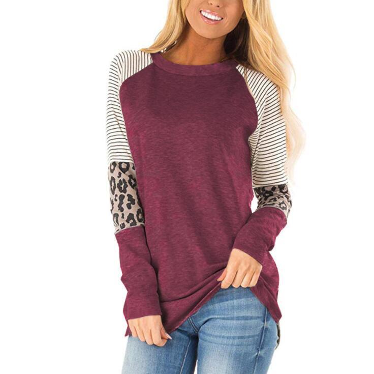 Women's Autumn Leopard Print Mixed Color Stripe Round Neck Long-sleeve Blouses