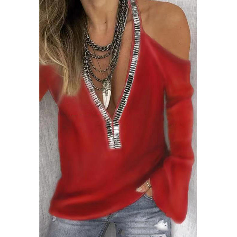 Women's Solid Color V-neck Sequined Long-sleeved T-shirt Blouses