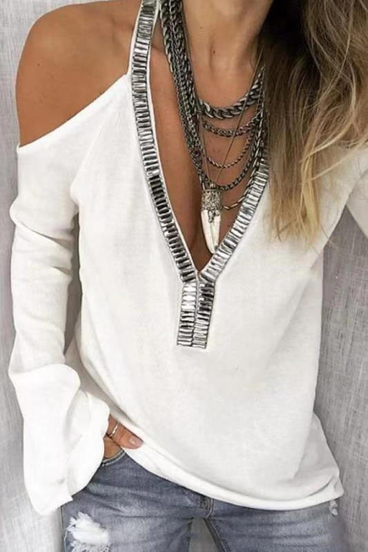 Women's Solid Color V-neck Sequined Long-sleeved T-shirt Blouses