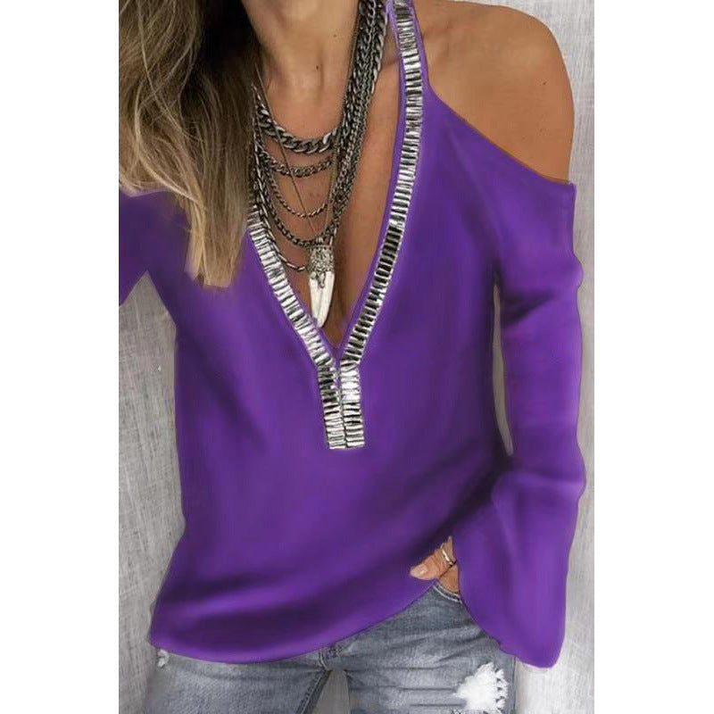 Women's Solid Color V-neck Sequined Long-sleeved T-shirt Blouses