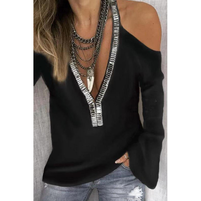 Women's Solid Color V-neck Sequined Long-sleeved T-shirt Blouses