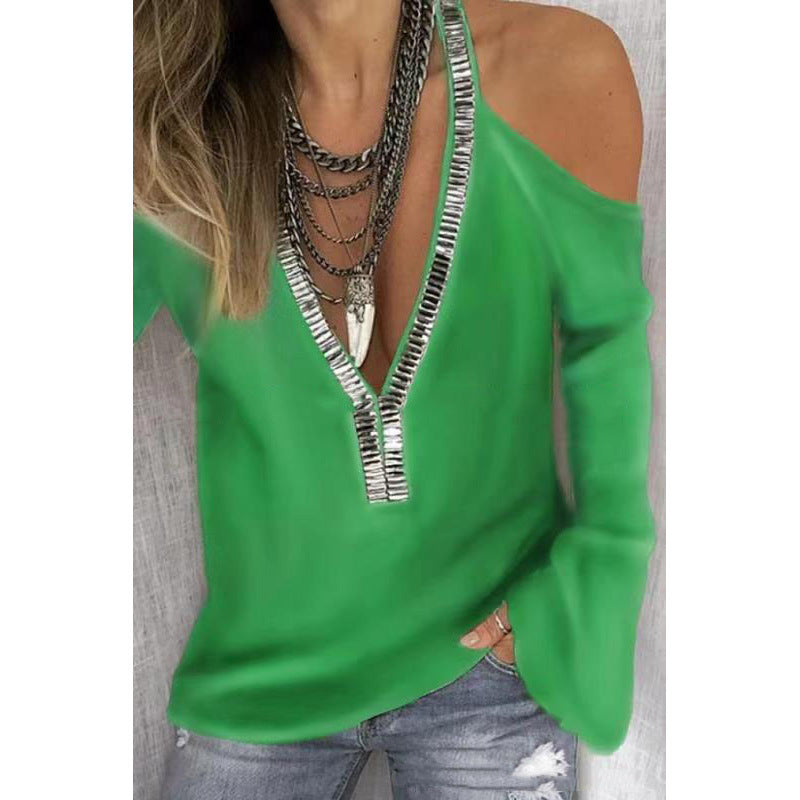 Women's Solid Color V-neck Sequined Long-sleeved T-shirt Blouses