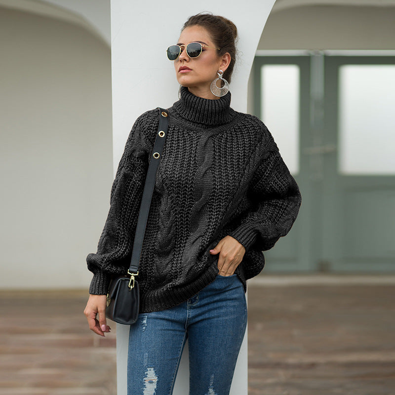 Damen-Rollkragenpullover im Preppy-Stil mit dickem Fadengeflecht