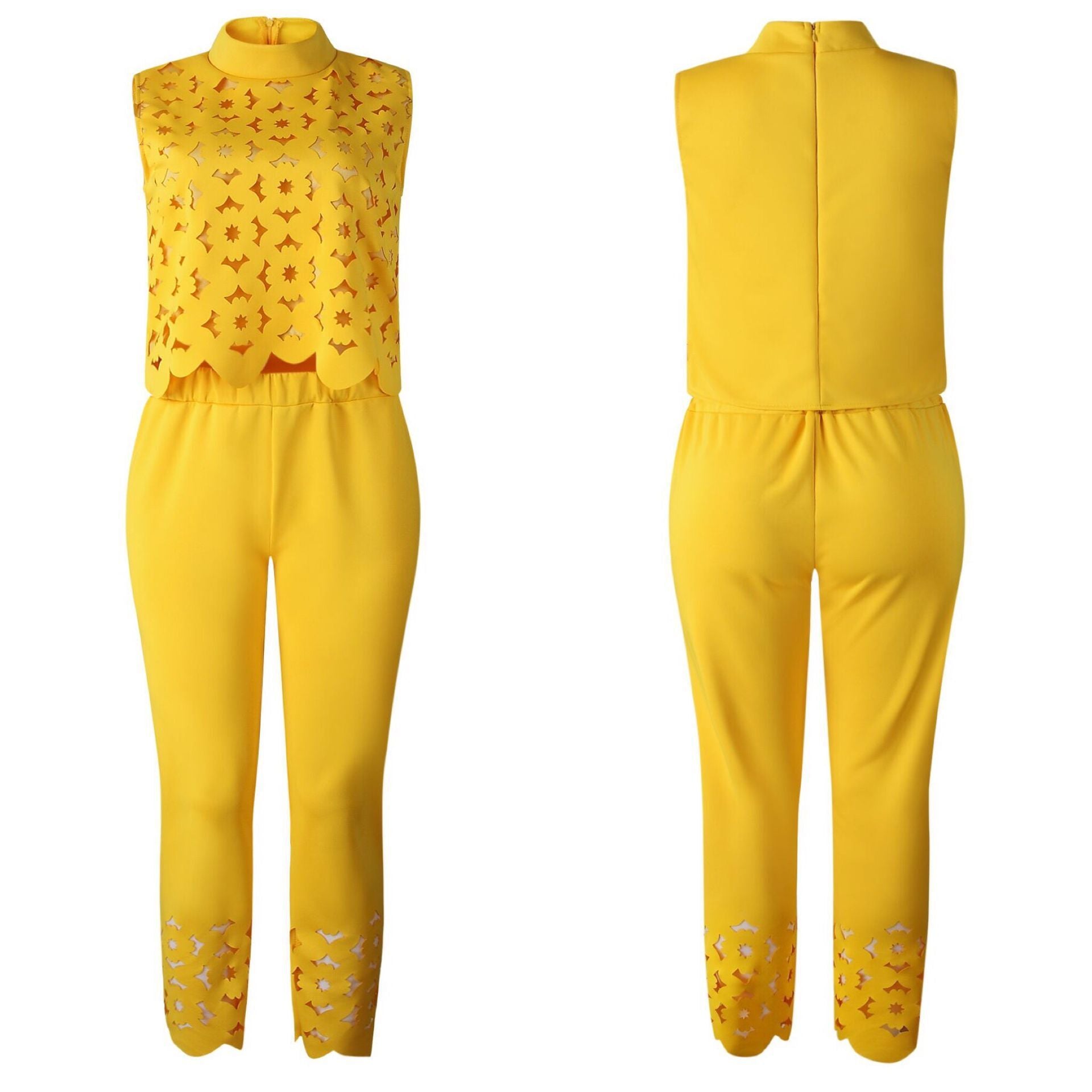 Women's Elegance Sleeveless Hollow Yellow Two-piece Set Suits