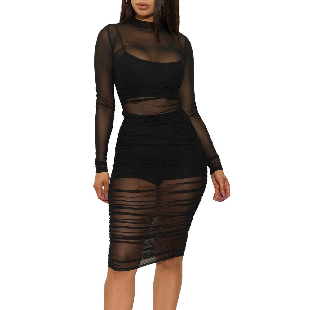 Hübsches Nachtclub-Mesh-Kleid, dreiteiliges Set mit Shorts